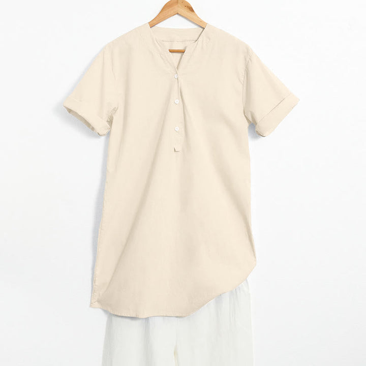 Camisa informal de manga corta con cuello entallado y botones lisos de Buddha Stones para mujer - Beige - US20，UK/AU24，EU52 (5XL) - image 40