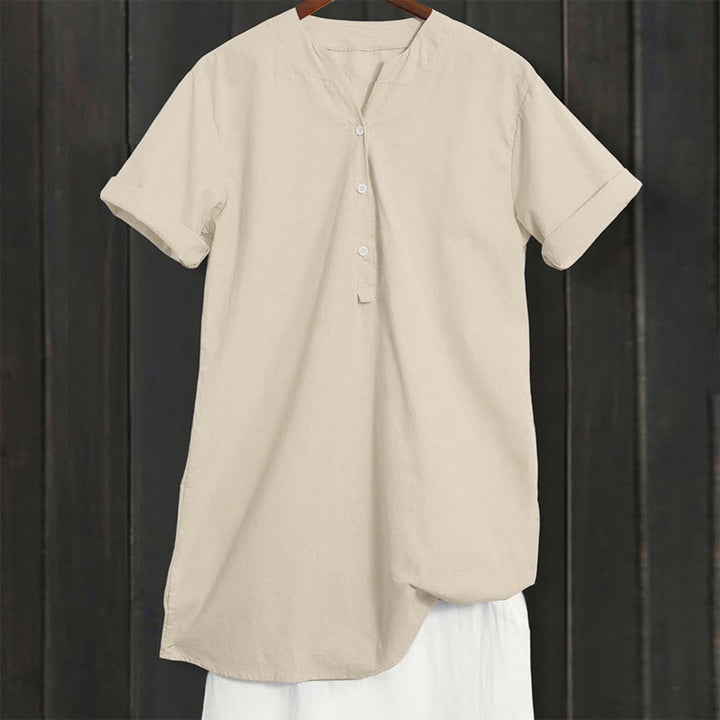 Camisa informal de manga corta con cuello entallado y botones lisos de Buddha Stones para mujer - image 41