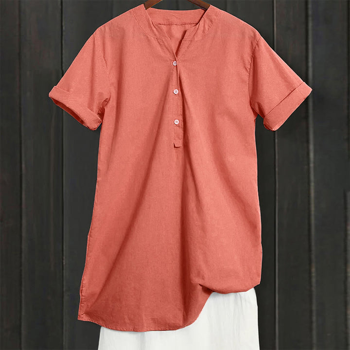 Camisa informal de manga corta con cuello entallado y botones lisos de Buddha Stones para mujer - image 46