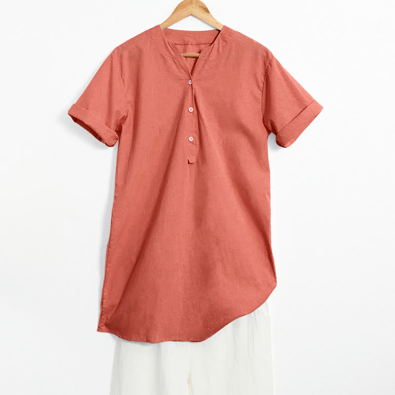 Camisa informal de manga corta con cuello entallado y botones lisos de Buddha Stones para mujer - Coral - US20，UK/AU24，EU52 (5XL) - image 45