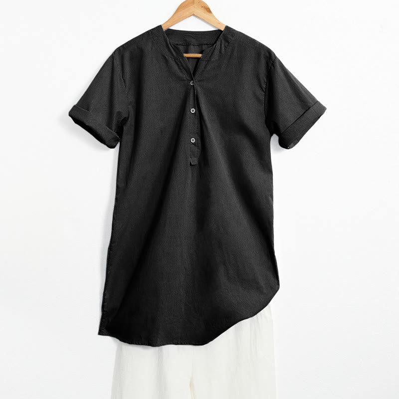Camisa informal de manga corta con cuello entallado y botones lisos de Buddha Stones para mujer - Negro - US20，UK/AU24，EU52 (5XL) - image 50
