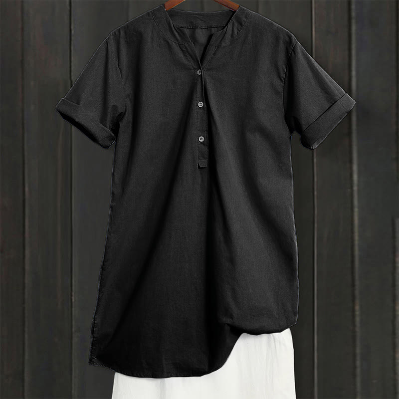Camisa informal de manga corta con cuello entallado y botones lisos de Buddha Stones para mujer - image 53