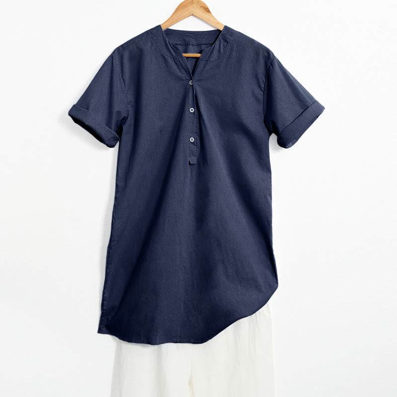 Camisa informal de manga corta con cuello entallado y botones lisos de Buddha Stones para mujer - Marina de guerra - US20，UK/AU24，EU52 (5XL) - image 55