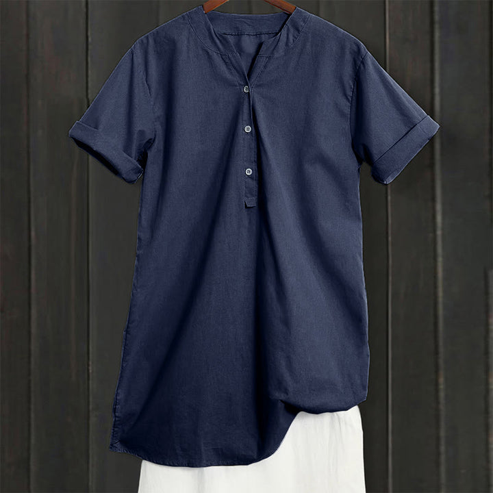 Camisa informal de manga corta con cuello entallado y botones lisos de Buddha Stones para mujer - image 56