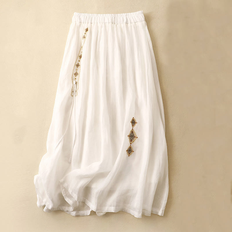 Falda de lino y algodón para mujer, diseño étnico vintage con bordado de Buddha Stones , de largo 7-8 - Blanco - US8-10，UK/AU12-14，EU40-42 (2XL) - image 5