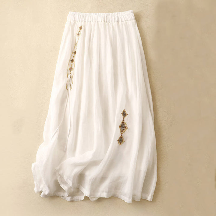 Falda de lino y algodón para mujer, diseño étnico vintage con bordado de Buddha Stones , de largo 7-8 - Blanco - US8-10，UK/AU12-14，EU40-42 (2XL) - image 5