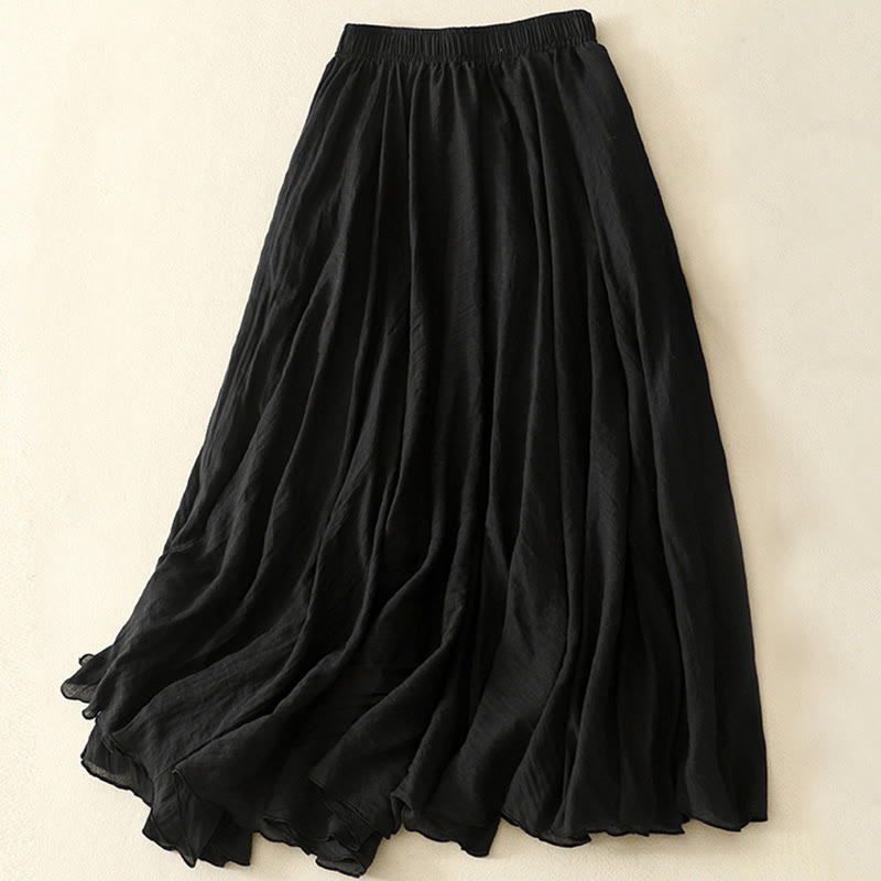 Falda plisada informal de algodón y lino con volantes de Buddha Stones para mujer, de primavera, de color liso, de longitud 7-8 - Negro - US8-10，UK/AU12-14，EU40-42 (2XL) - image 6