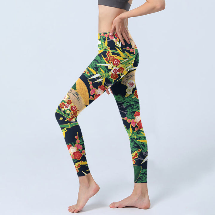 Leggings de yoga para mujer con estampado de Buddha Stones, flores rojas, bambú y pinos de color verde amarillento. - image 3