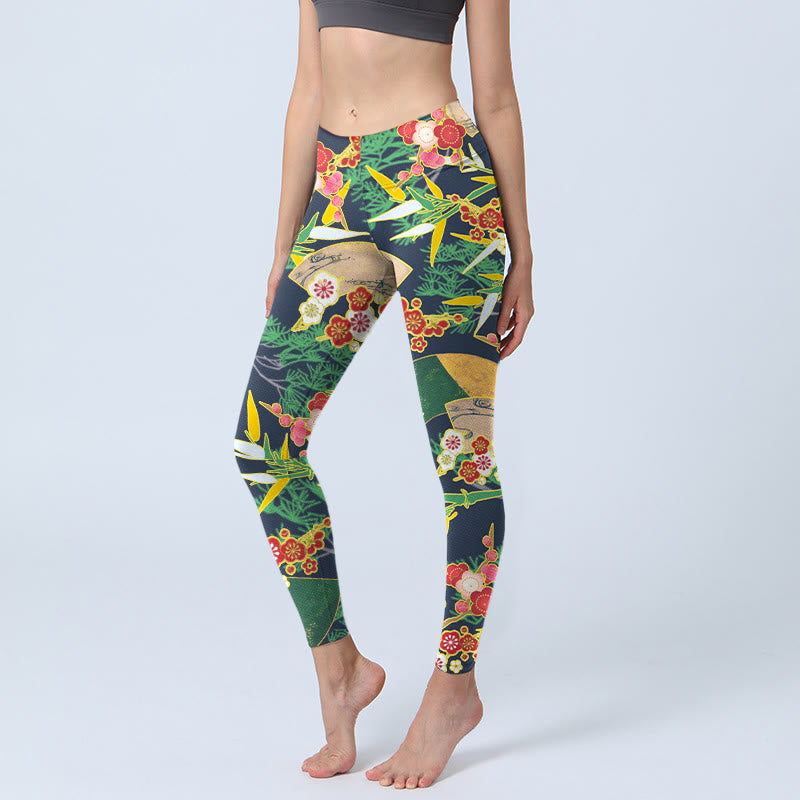 Leggings de yoga para mujer con estampado de Buddha Stones, flores rojas, bambú y pinos de color verde amarillento. - Verde mar medio - US18，UK/AU22，EU50 (4XL) - image 0