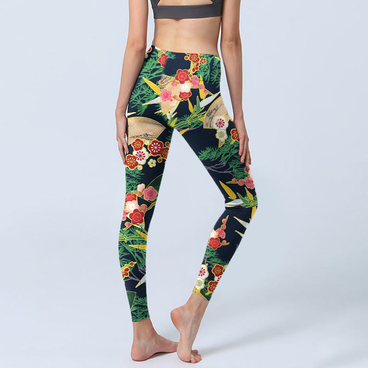 Leggings de yoga para mujer con estampado de Buddha Stones, flores rojas, bambú y pinos de color verde amarillento. - image 4