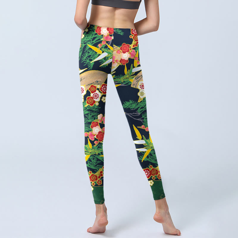 Leggings de yoga para mujer con estampado de Buddha Stones, flores rojas, bambú y pinos de color verde amarillento. - image 6