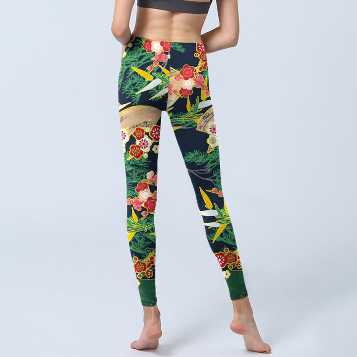 Leggings de yoga para mujer con estampado de Buddha Stones, flores rojas, bambú y pinos de color verde amarillento. - image 6