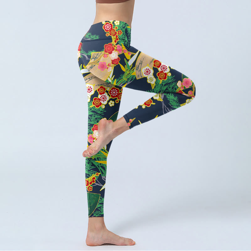 Leggings de yoga para mujer con estampado de Buddha Stones, flores rojas, bambú y pinos de color verde amarillento. - image 4