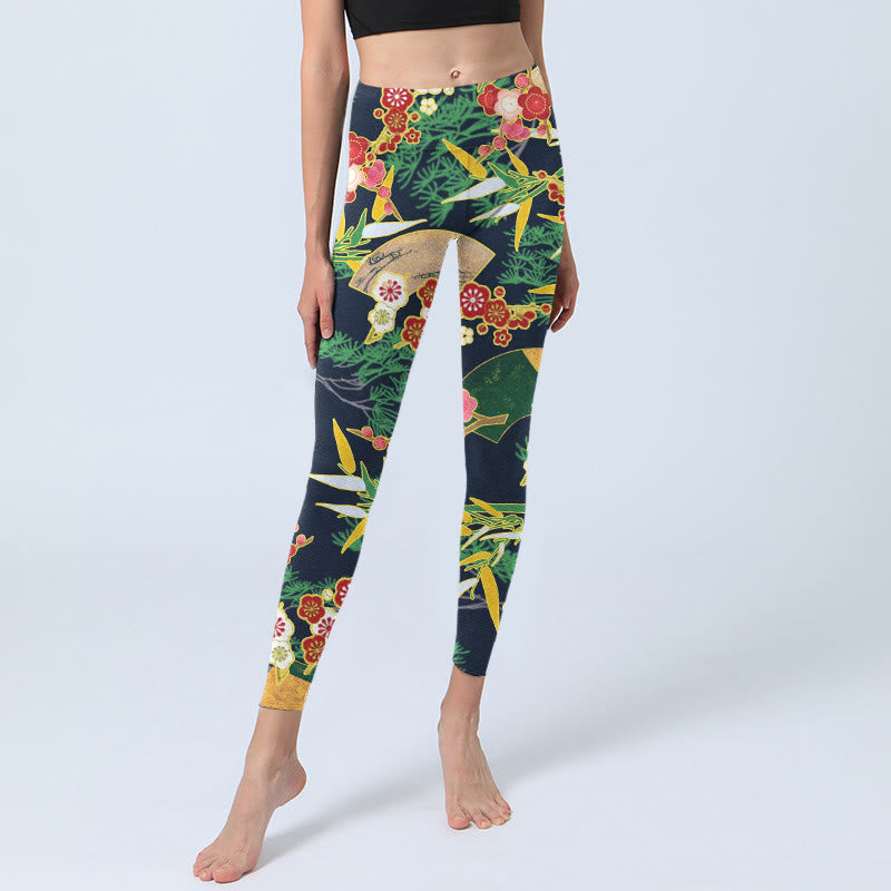 Leggings de yoga para mujer con estampado de Buddha Stones, flores rojas, bambú y pinos de color verde amarillento. - image 5