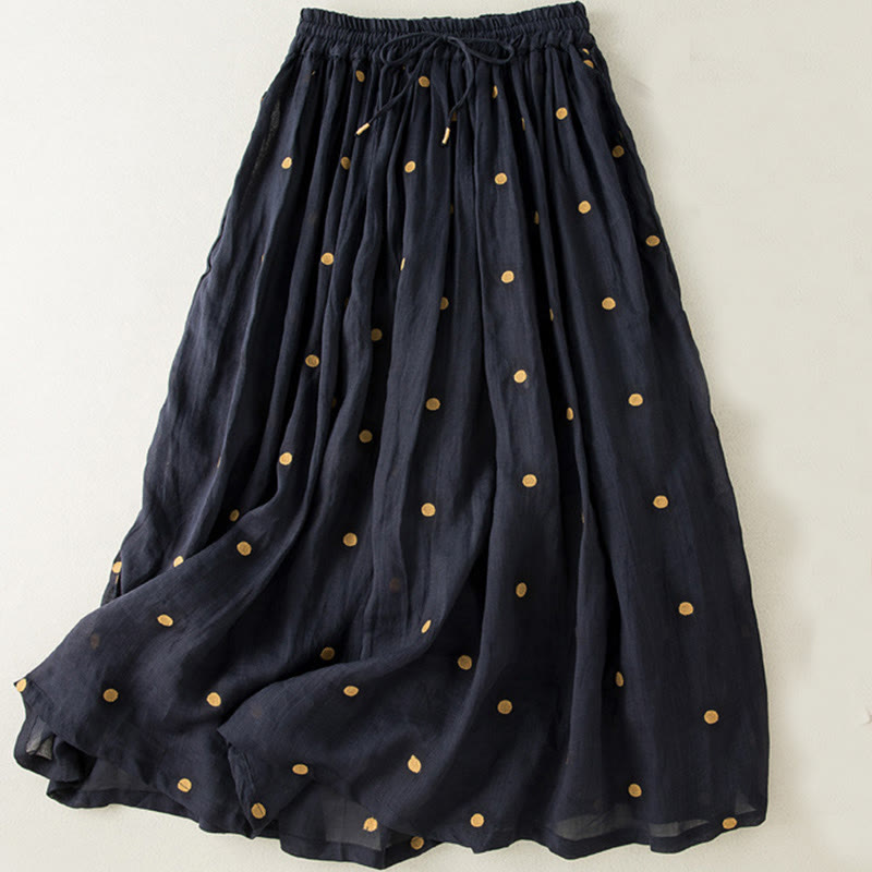 Falda plisada de lino y algodón para mujer con estampado artístico de puntos vintage de Buddha Stones