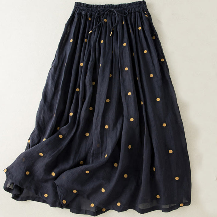 Falda plisada de lino y algodón para mujer con estampado artístico de puntos vintage de Buddha Stones