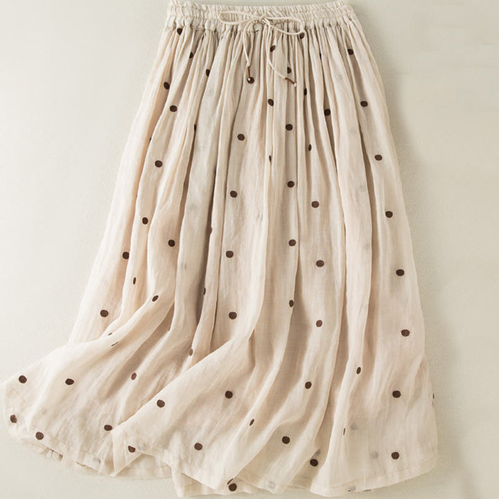 Falda plisada de lino y algodón para mujer con estampado artístico de puntos vintage de Buddha Stones