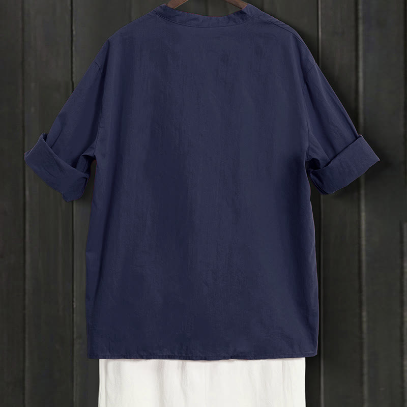 Camisa de lino y algodón de manga corta para mujer, informal, de verano, con cuello entallado y botones, estilo Buddha Stones - image 1