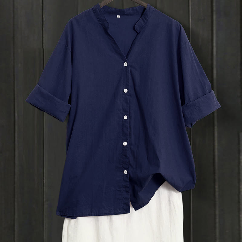 Camisa de lino y algodón de manga corta para mujer, informal, de verano, con cuello entallado y botones, estilo Buddha Stones - Marina de guerra - US20，UK/AU24，EU52 (5XL) - image 0