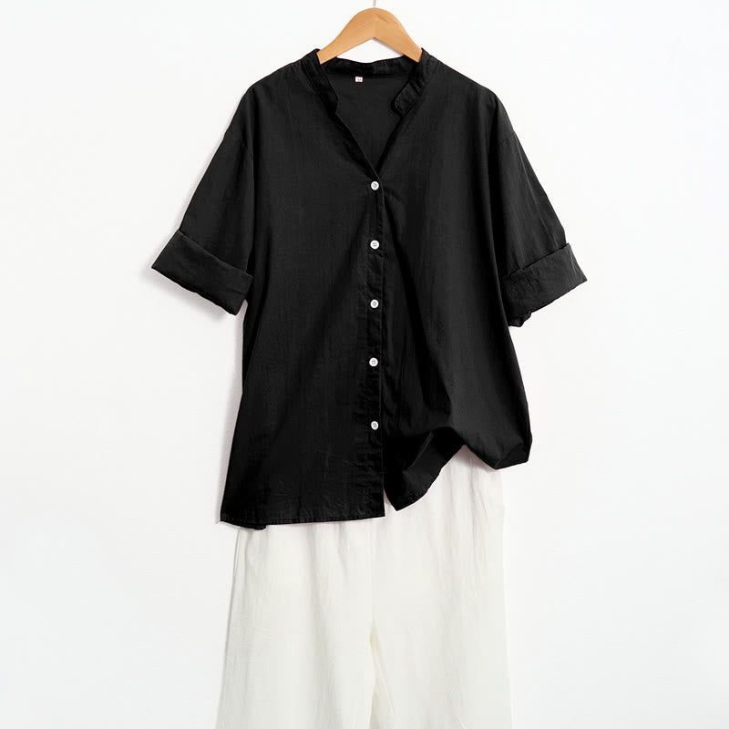 Camisa de lino y algodón de manga corta para mujer, informal, de verano, con cuello entallado y botones, estilo Buddha Stones - image 11