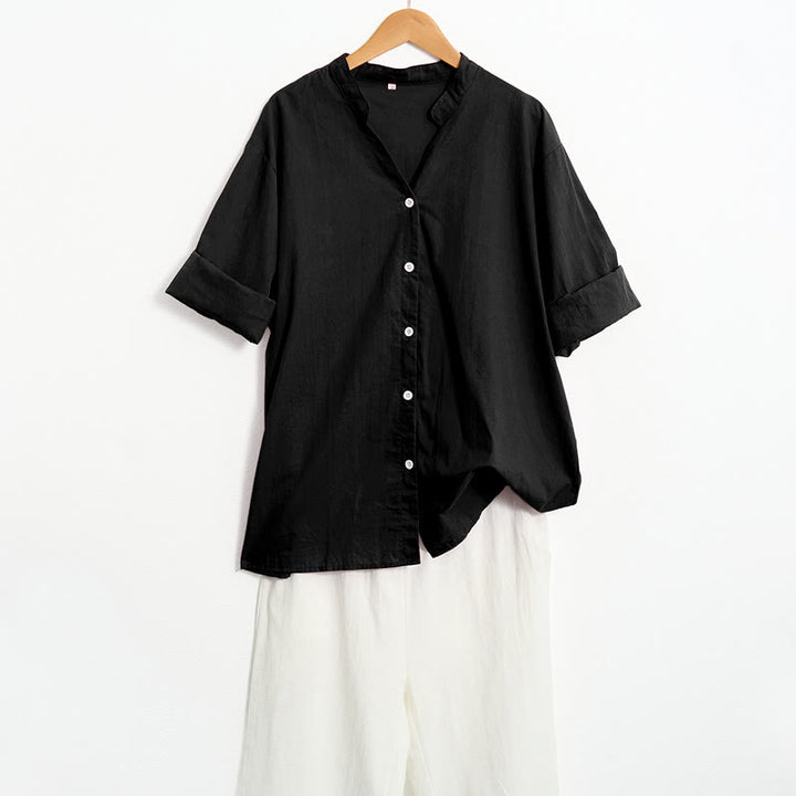 Camisa de lino y algodón de manga corta para mujer, informal, de verano, con cuello entallado y botones, estilo Buddha Stones - image 11