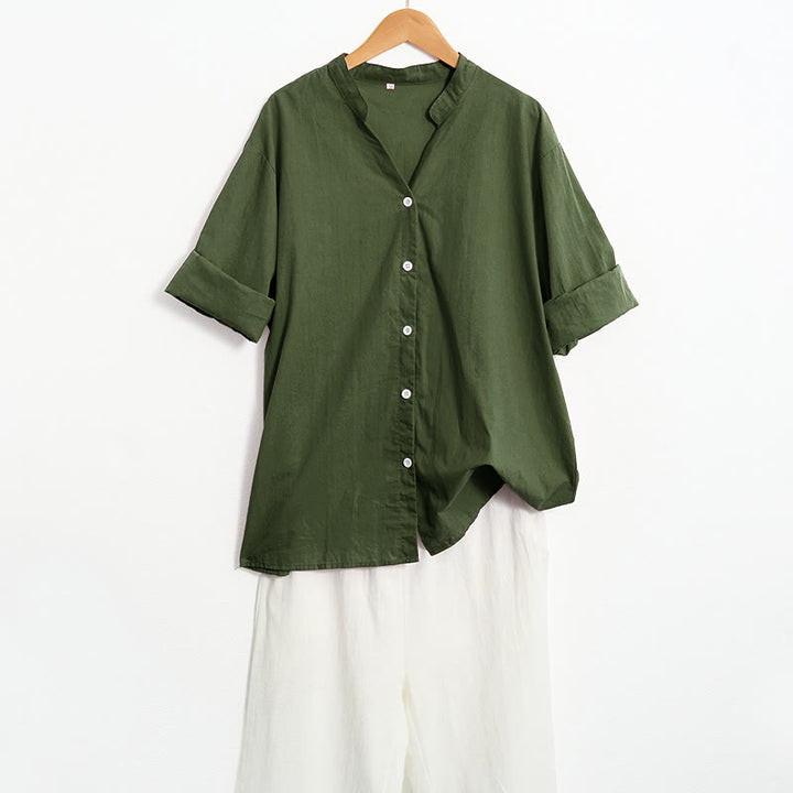 Camisa de lino y algodón de manga corta para mujer, informal, de verano, con cuello entallado y botones, estilo Buddha Stones - image 23