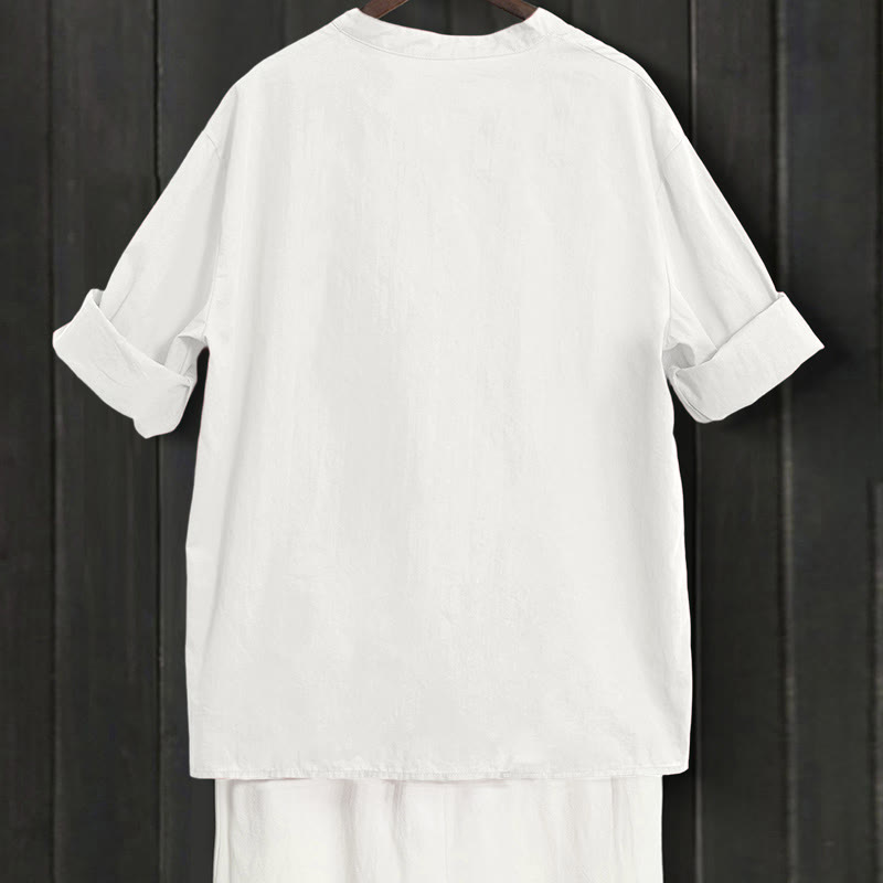 Camisa de lino y algodón de manga corta para mujer, informal, de verano, con cuello entallado y botones, estilo Buddha Stones - image 31