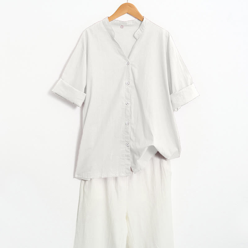 Camisa de lino y algodón de manga corta para mujer, informal, de verano, con cuello entallado y botones, estilo Buddha Stones - image 35