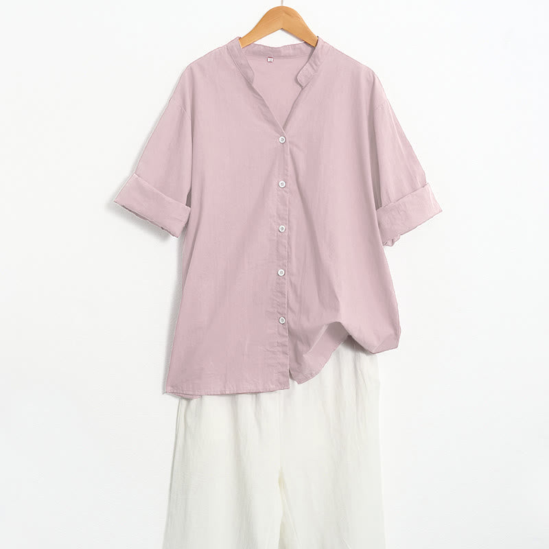 Camisa de lino y algodón de manga corta para mujer, informal, de verano, con cuello entallado y botones, estilo Buddha Stones - image 41