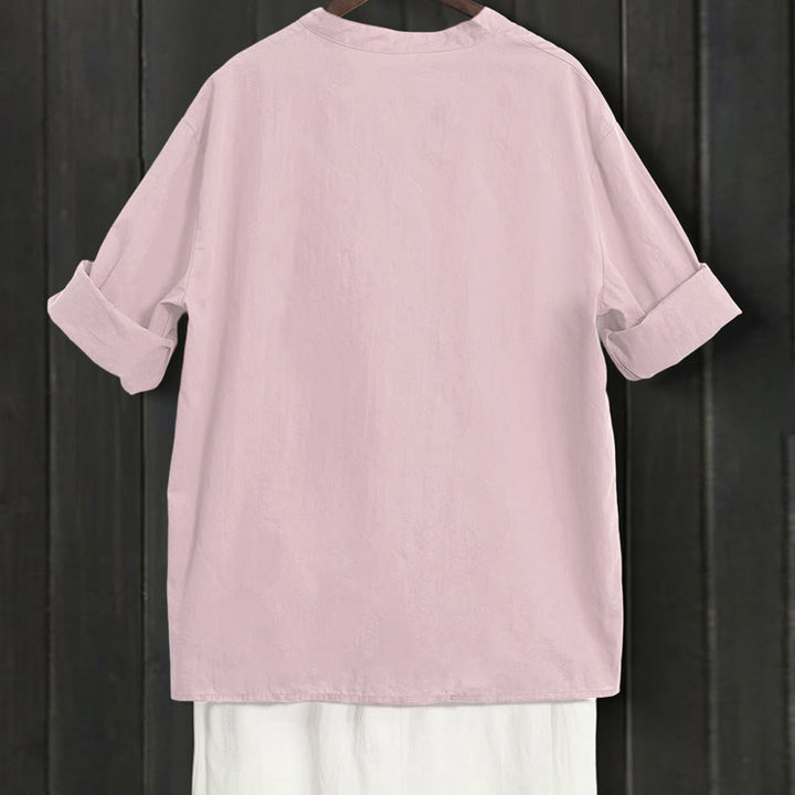 Camisa de lino y algodón de manga corta para mujer, informal, de verano, con cuello entallado y botones, estilo Buddha Stones - image 37