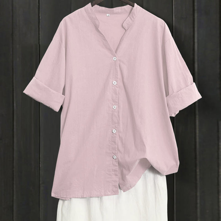 Camisa de lino y algodón de manga corta para mujer, informal, de verano, con cuello entallado y botones, estilo Buddha Stones - Rosa Misty - US20，UK/AU24，EU52 (5XL) - image 36