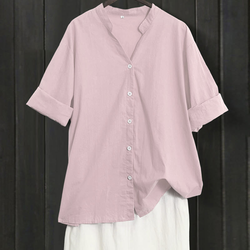 Camisa de lino y algodón de manga corta para mujer, informal, de verano, con cuello entallado y botones, estilo Buddha Stones - MistyRose - US20，UK/AU24，EU52 (5XL) - image 36