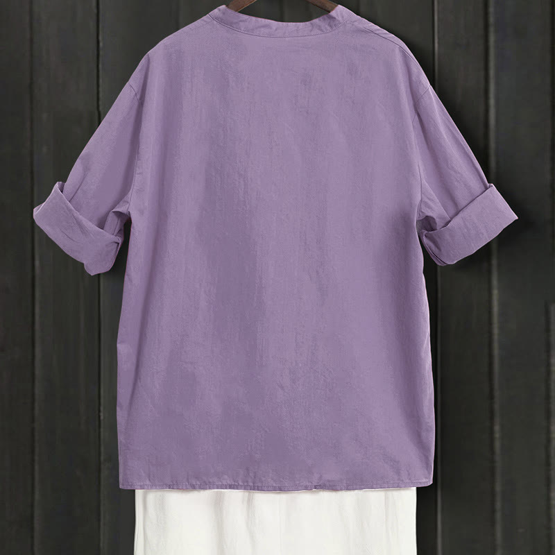 Camisa de lino y algodón de manga corta para mujer, informal, de verano, con cuello entallado y botones, estilo Buddha Stones - image 43