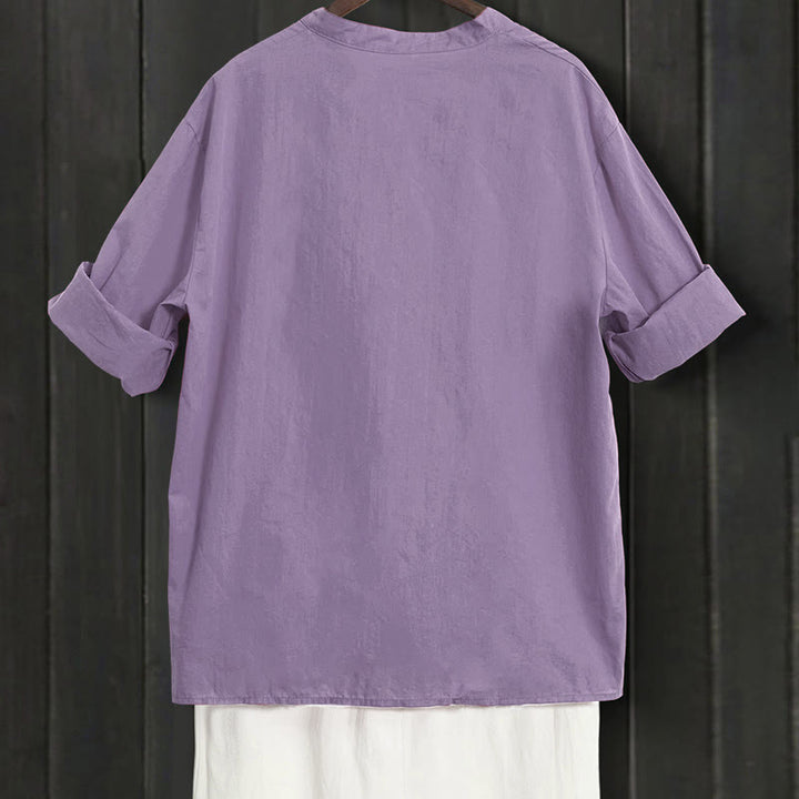 Camisa de lino y algodón de manga corta para mujer, informal, de verano, con cuello entallado y botones, estilo Buddha Stones - image 43