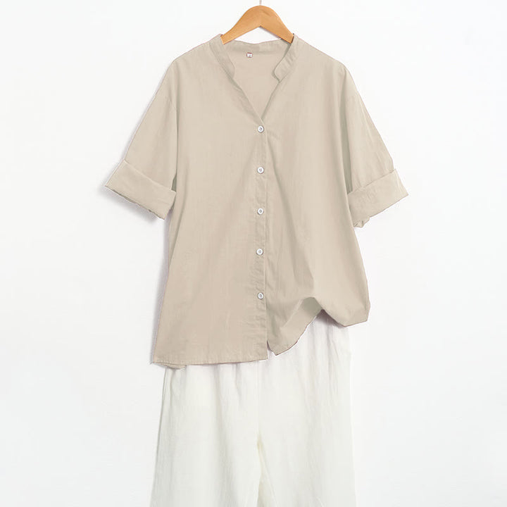 Camisa de lino y algodón de manga corta para mujer, informal, de verano, con cuello entallado y botones, estilo Buddha Stones - image 53