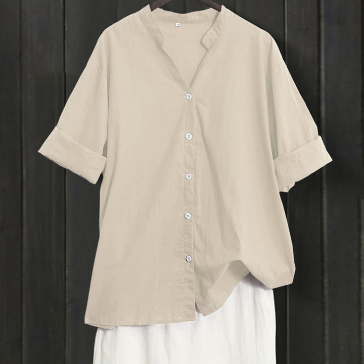 Camisa de lino y algodón de manga corta para mujer, informal, de verano, con cuello entallado y botones, estilo Buddha Stones - Amarillo vara de oro claro - US20，UK/AU24，EU52 (5XL) - image 48
