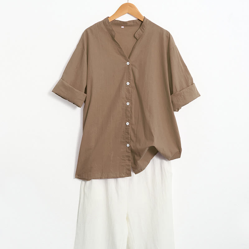 Camisa de lino y algodón de manga corta para mujer, informal, de verano, con cuello entallado y botones, estilo Buddha Stones - image 59