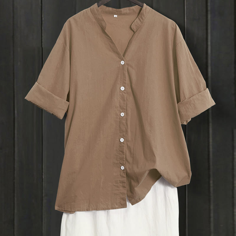 Camisa de lino y algodón de manga corta para mujer, informal, de verano, con cuello entallado y botones, estilo Buddha Stones - Vara de oro oscura - US20，UK/AU24，EU52 (5XL) - image 54