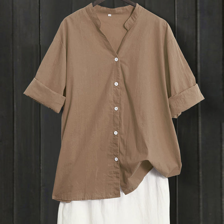 Camisa de lino y algodón de manga corta para mujer, informal, de verano, con cuello entallado y botones, estilo Buddha Stones - Vara de oro oscura - US20，UK/AU24，EU52 (5XL) - image 54