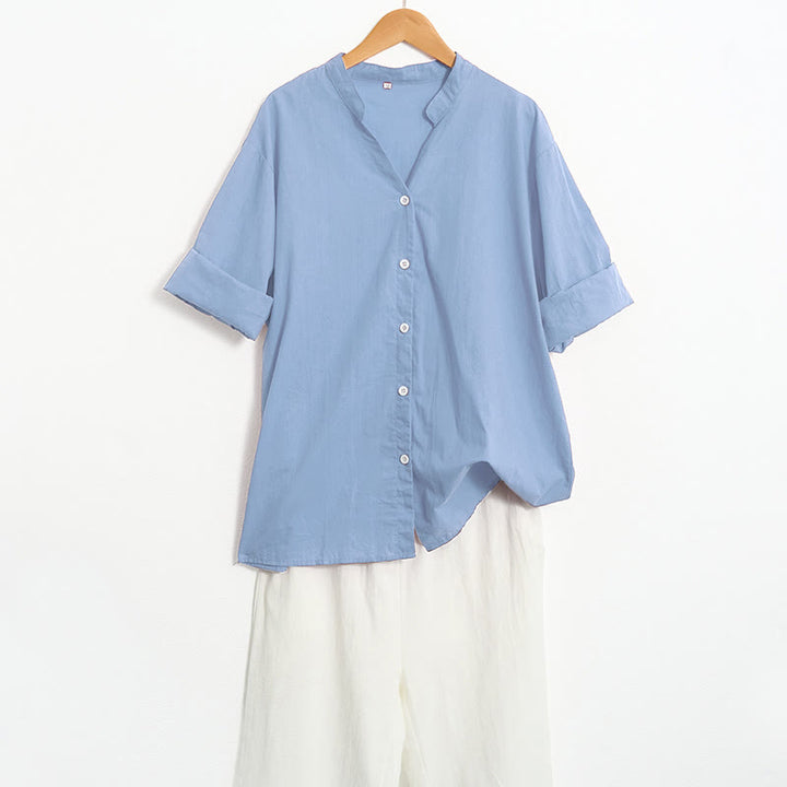 Camisa de lino y algodón de manga corta para mujer, informal, de verano, con cuello entallado y botones, estilo Buddha Stones - image 65