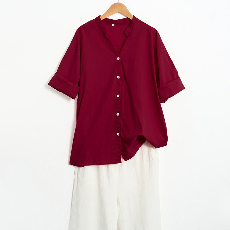 Camisa de lino y algodón de manga corta para mujer, informal, de verano, con cuello entallado y botones, estilo Buddha Stones - image 71