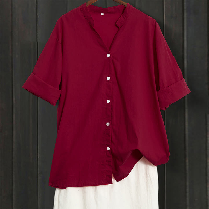 Camisa de lino y algodón de manga corta para mujer, informal, de verano, con cuello entallado y botones, estilo Buddha Stones - IndianRed - US20，UK/AU24，EU52 (5XL) - image 66