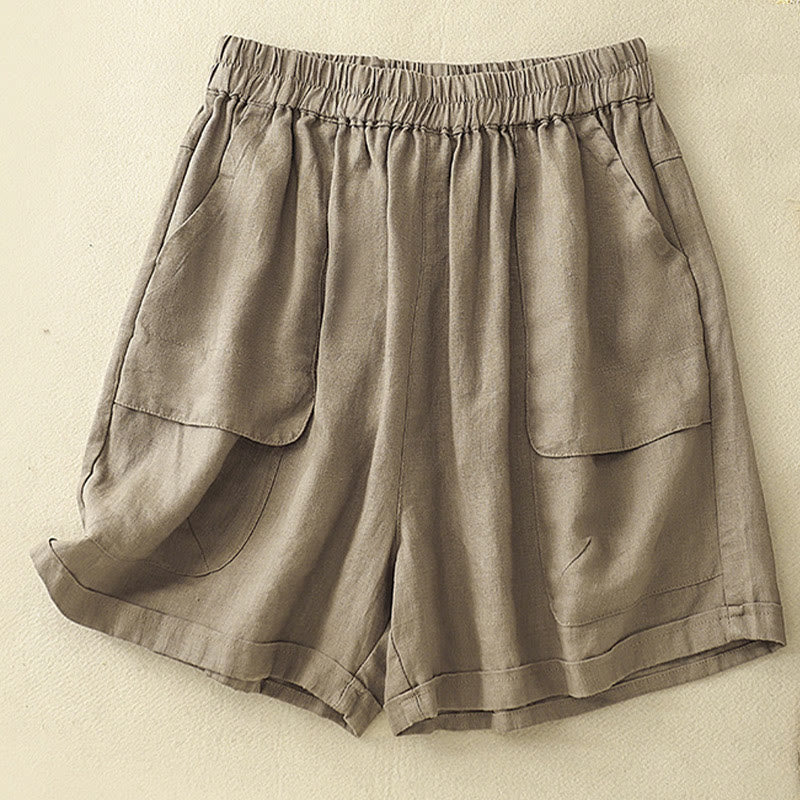Pantalones cortos rectos elásticos de algodón y lino para mujer, informales, de verano, con bolsillos, de Buddha Stones - Broncearse - US12, UK/AU16, EU44 (2XL) - image 0