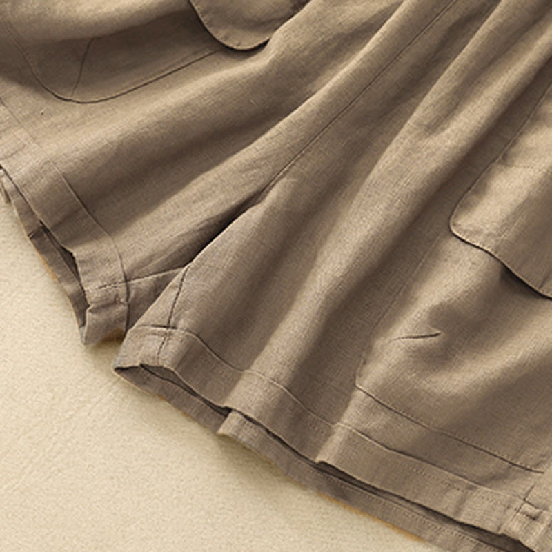 Pantalones cortos rectos elásticos de algodón y lino para mujer, informales, de verano, con bolsillos, de Buddha Stones - image 5