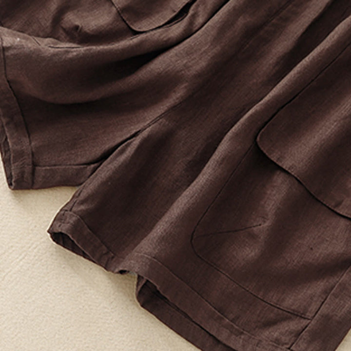 Pantalones cortos rectos elásticos de algodón y lino para mujer, informales, de verano, con bolsillos, de Buddha Stones - image 10