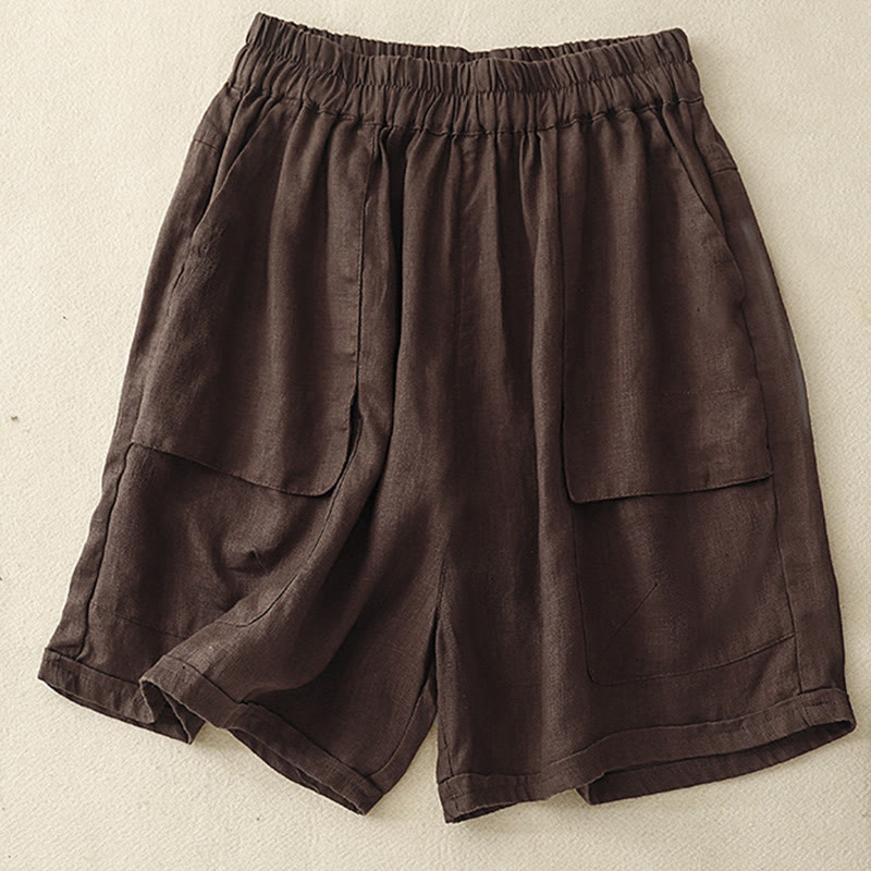 Pantalones cortos rectos elásticos de algodón y lino para mujer, informales, de verano, con bolsillos, de Buddha Stones - SaddleBrown - US12, UK/AU16, EU44 (2XL) - image 6