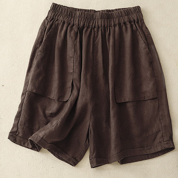 Pantalones cortos rectos elásticos de algodón y lino para mujer, informales, de verano, con bolsillos, de Buddha Stones - SaddleBrown - US12, UK/AU16, EU44 (2XL) - image 6
