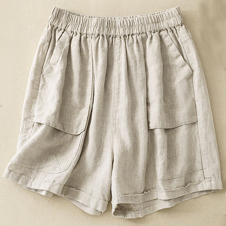 Pantalones cortos rectos elásticos de algodón y lino para mujer, informales, de verano, con bolsillos, de Buddha Stones - Beige - US12, UK/AU16, EU44 (2XL) - image 12
