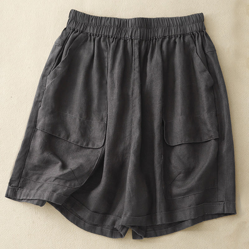 Pantalones cortos rectos elásticos de algodón y lino para mujer, informales, de verano, con bolsillos, de Buddha Stones - Negro - US12, UK/AU16, EU44 (2XL) - image 21