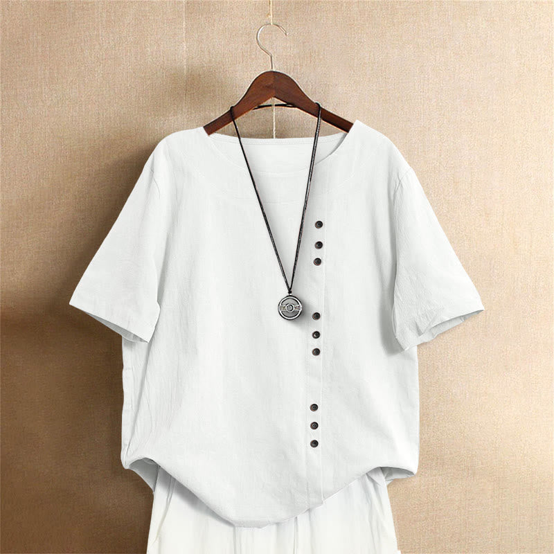 Camiseta de manga corta de algodón con cuello redondo y botones de jacquard de color puro para mujer, estilo casual de verano con Buddha Stones - Blanco - US20，UK/AU24，EU52 (5XL) - image 0